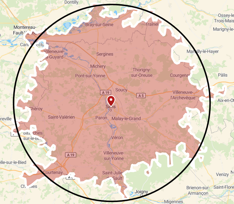 Zone d’intervention DCP Constructions : 50 km autour de Sens